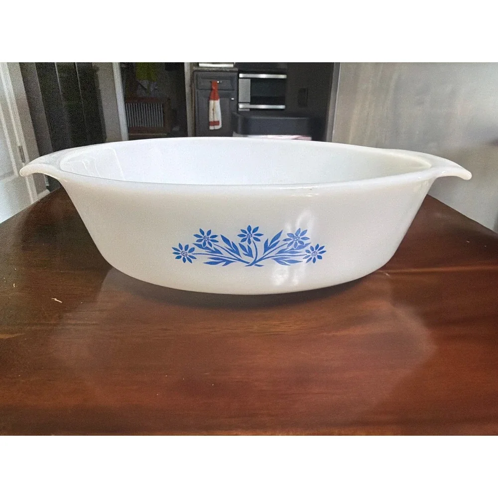 Vintage Fire-King Blue Cornflower Milk Glass Oval Casserole Dish Anchor Hocking